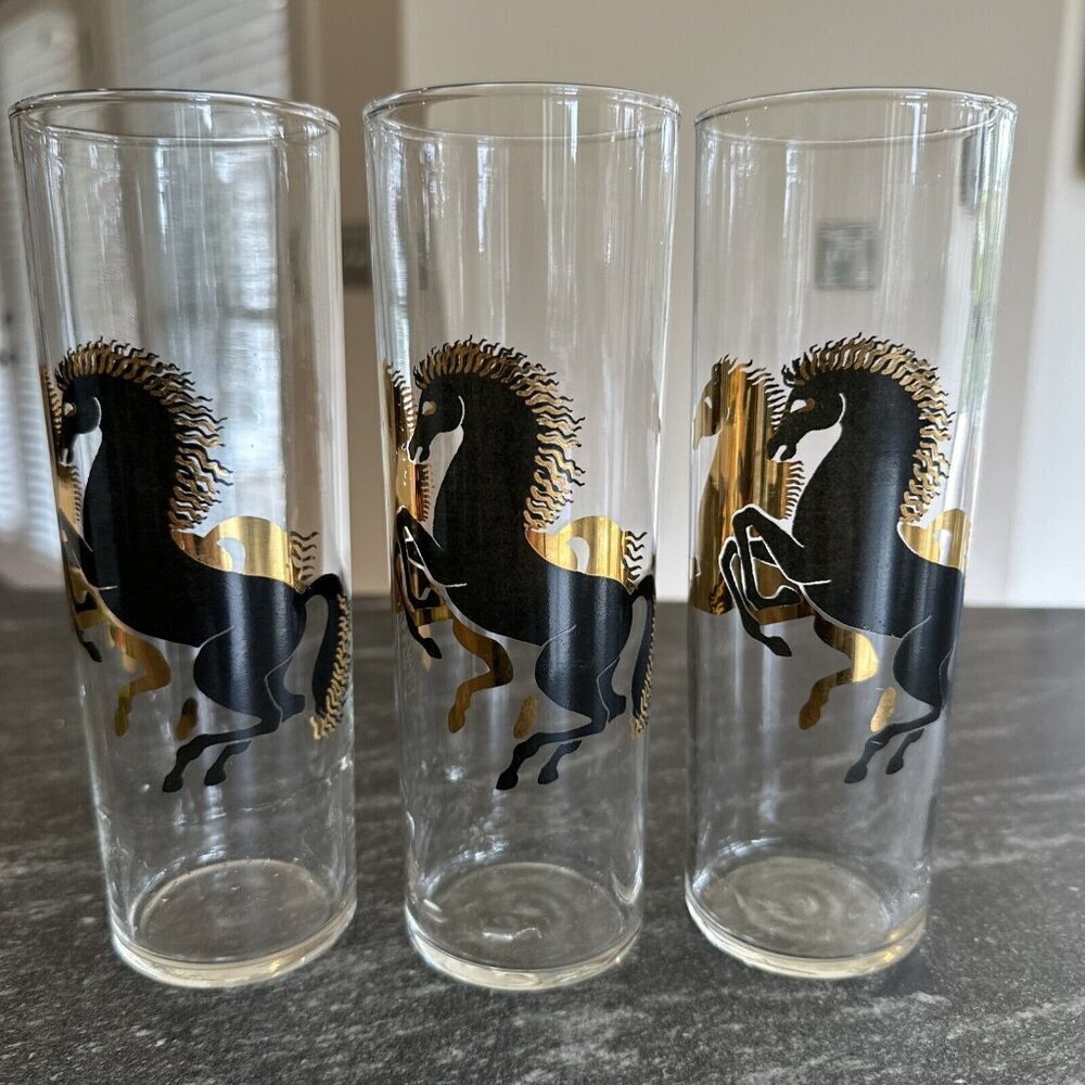 Vintage 50s Tom Collins Zombie Glasses Black Beauty Stallions Horses Set of 3